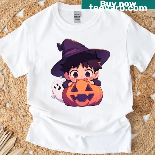 Chibi Shinji Ikari as a witch next to a pumpkin on a T-shirt