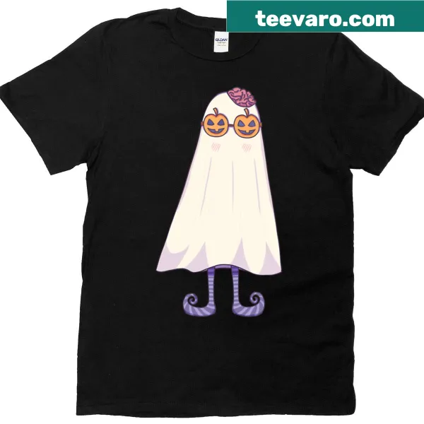 Cute t-shirt with a shy ghost wearing pumpkin glasses.