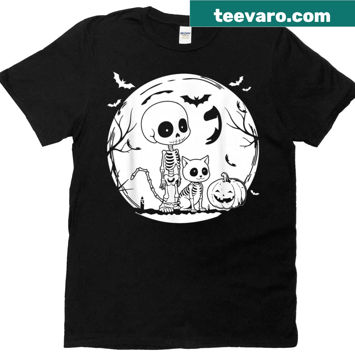 Funny skeleton and cat skeleton graphic T-shirt for Halloween — on a men's t-shirt