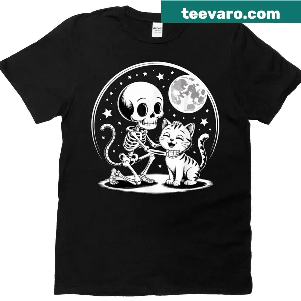 Cute skeleton and cat Halloween T-shirt