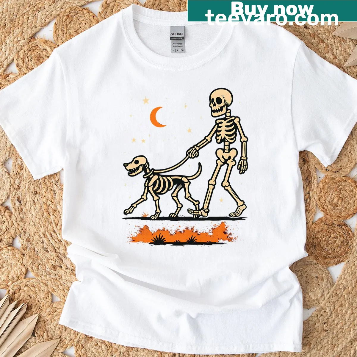 Funny Halloween t-shirt for dog lovers with skeleton theme. — on a men's t-shirt