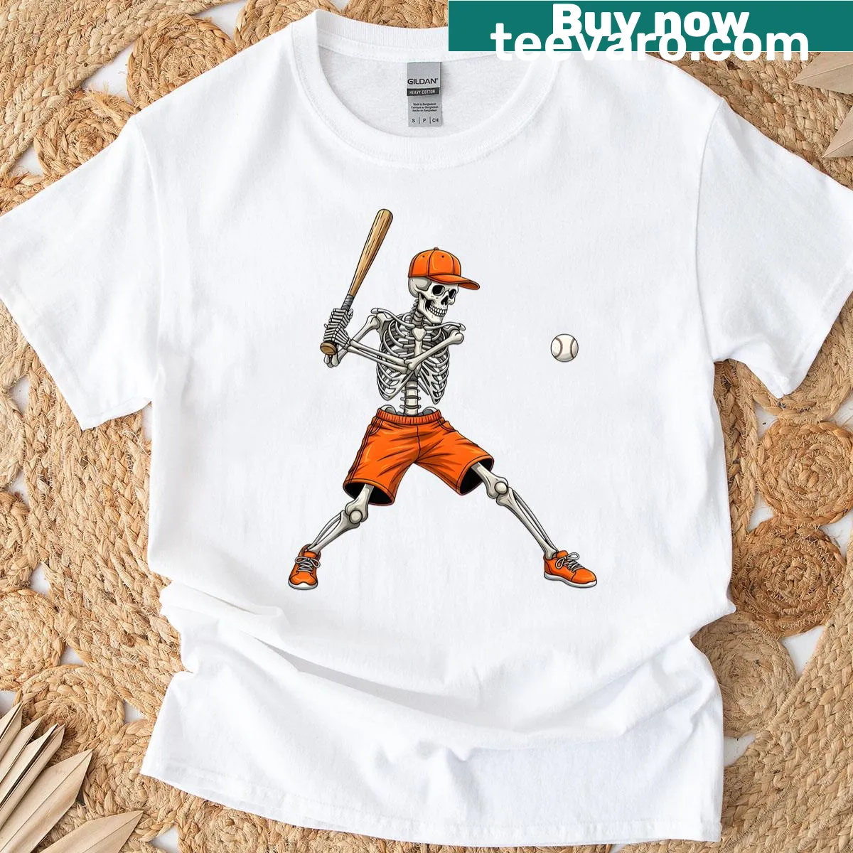 Cartoon skeleton baseball costume t-shirt for Halloween — on a men's t-shirt