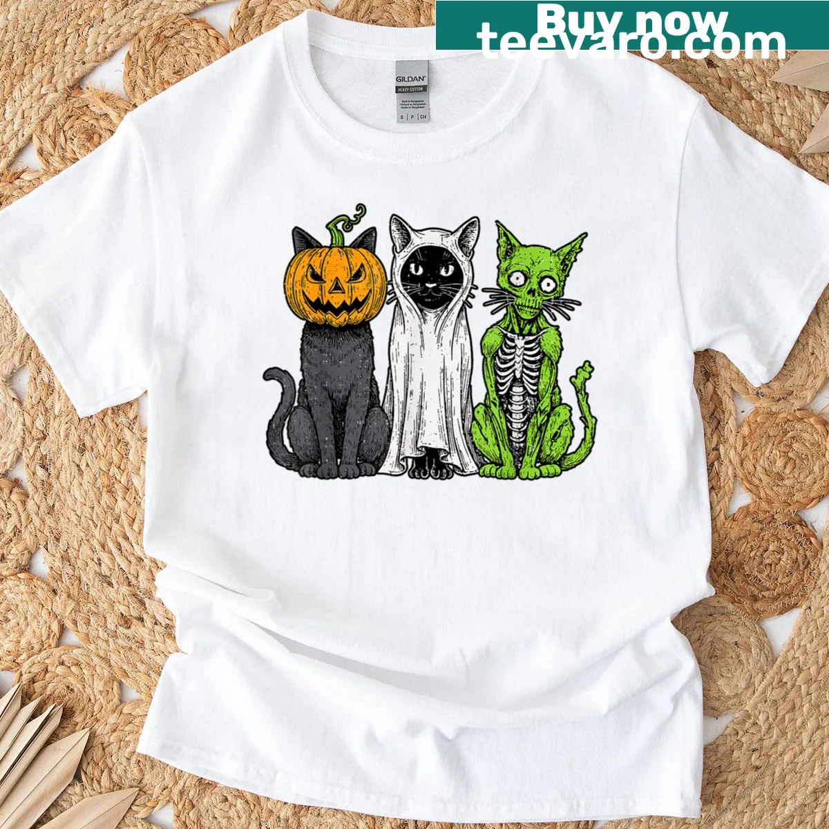 Cartoon skeleton cat with pumpkin and ghost for Halloween — on a men's t-shirt