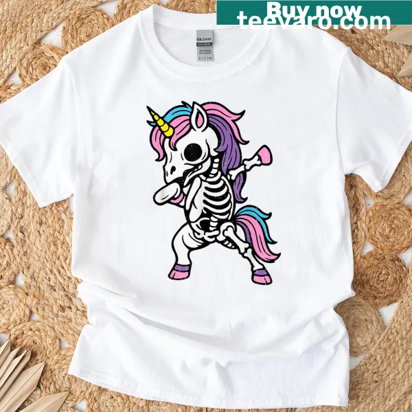 Cartoon skeleton unicorn dabbing on a T-shirt