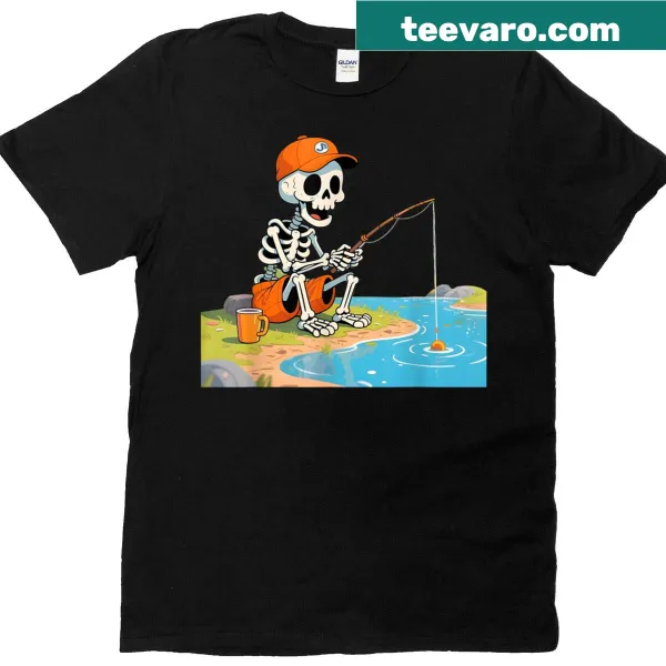 Skeleton fishing graphic on a kids Halloween t-shirt