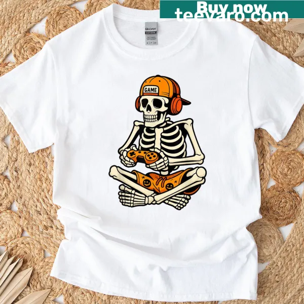 Cartoon skeleton with headphones in a Halloween gaming design