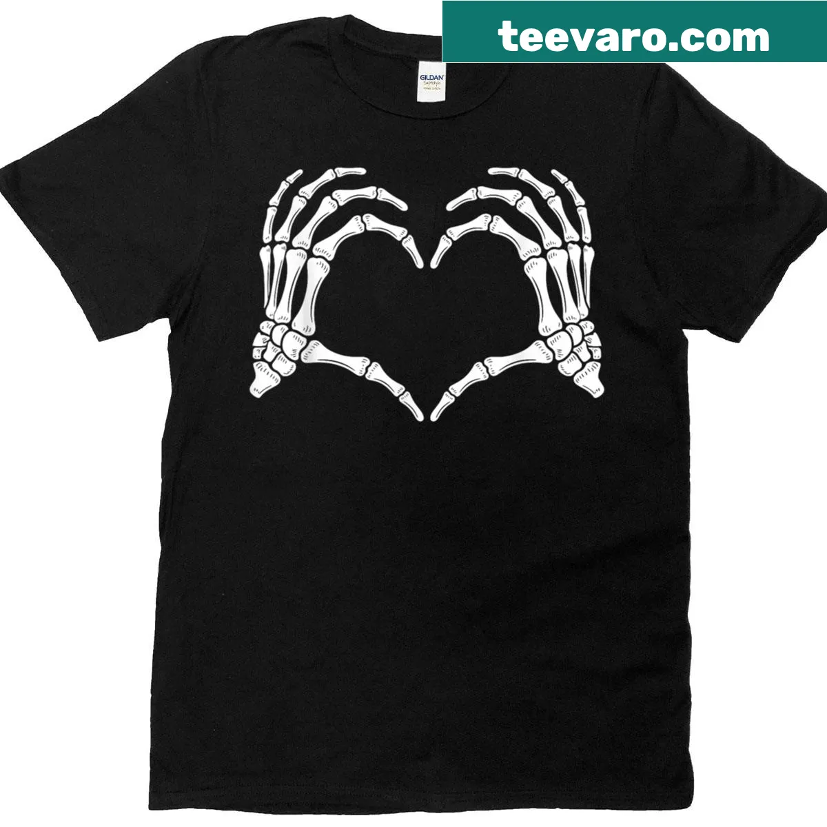 Illustrative skeleton hands forming a heart on a Halloween T-shirt — on a men's t-shirt