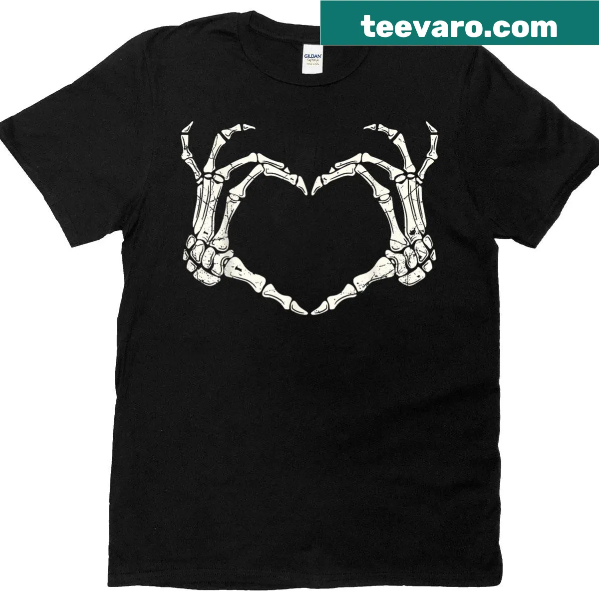 Skeleton hands forming a heart graphic t-shirt — on a men's t-shirt