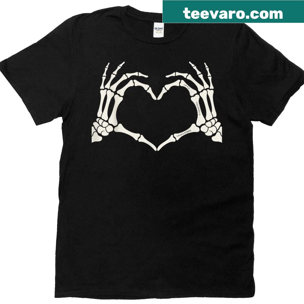 Halloween t-shirt with skeleton hands forming a heart sign — on a men's t-shirt