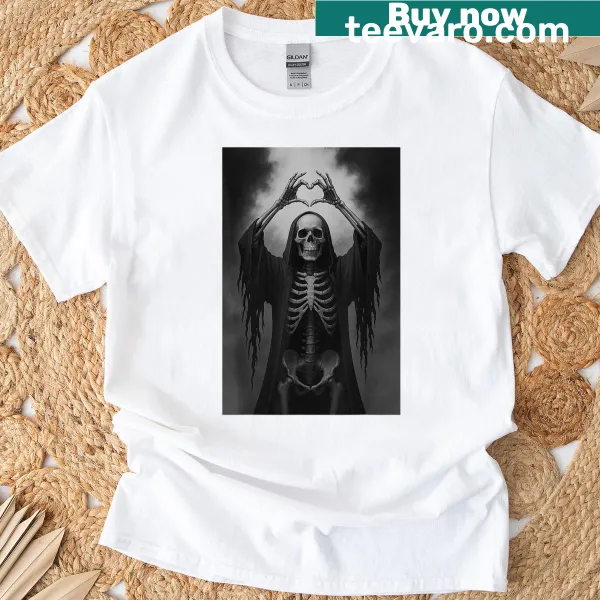 Skeleton hands forming a heart above a scary face graphic