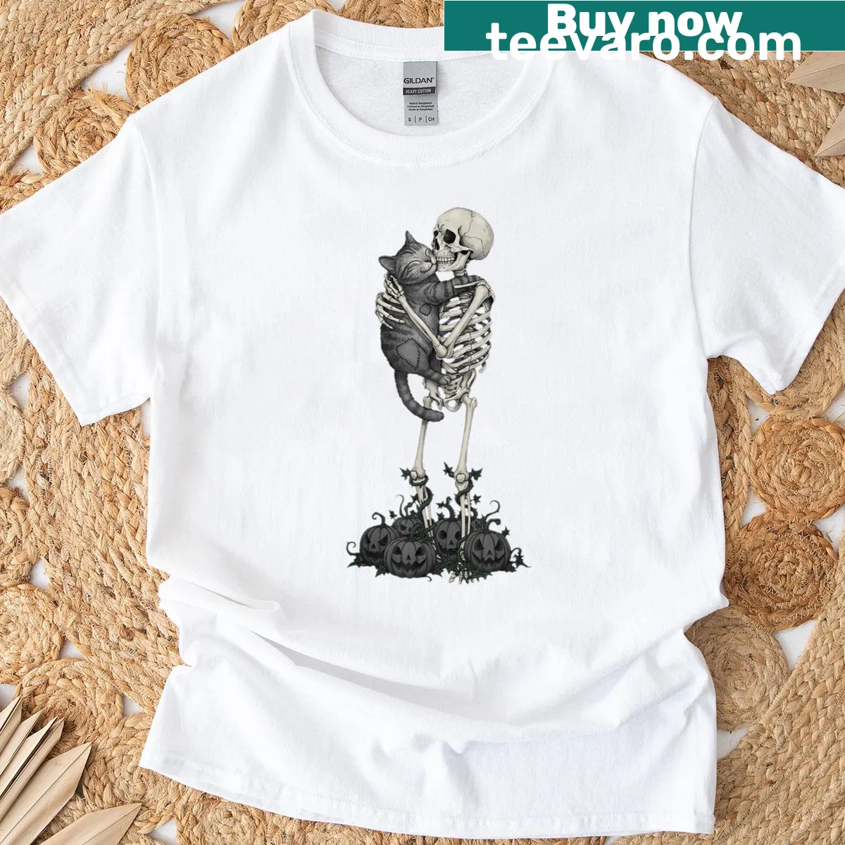 Cute Halloween T-shirt with a skeleton hugging a cat — on a men's t-shirt