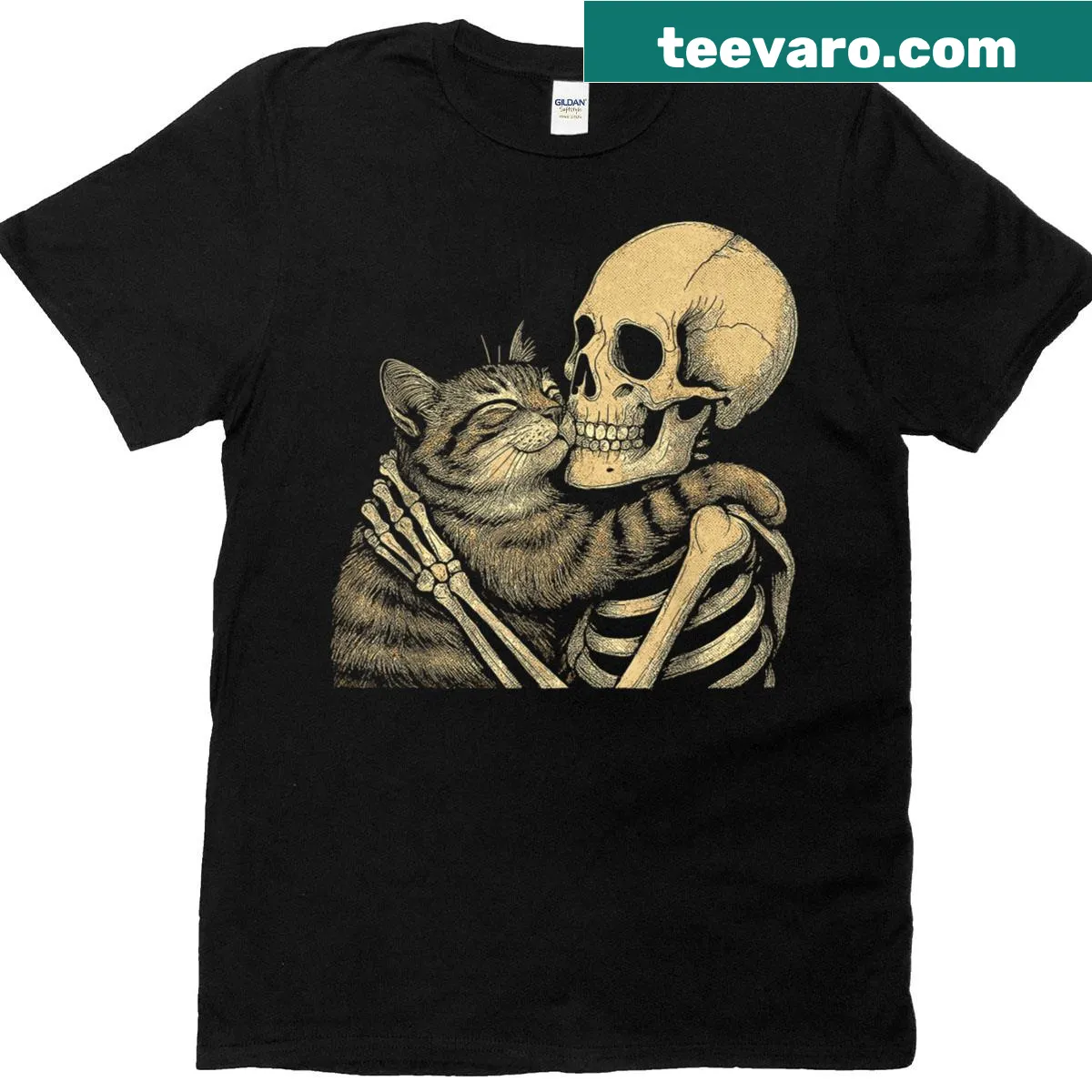 Funny Halloween t-shirt with a skeleton hugging a cat — on a men's t-shirt