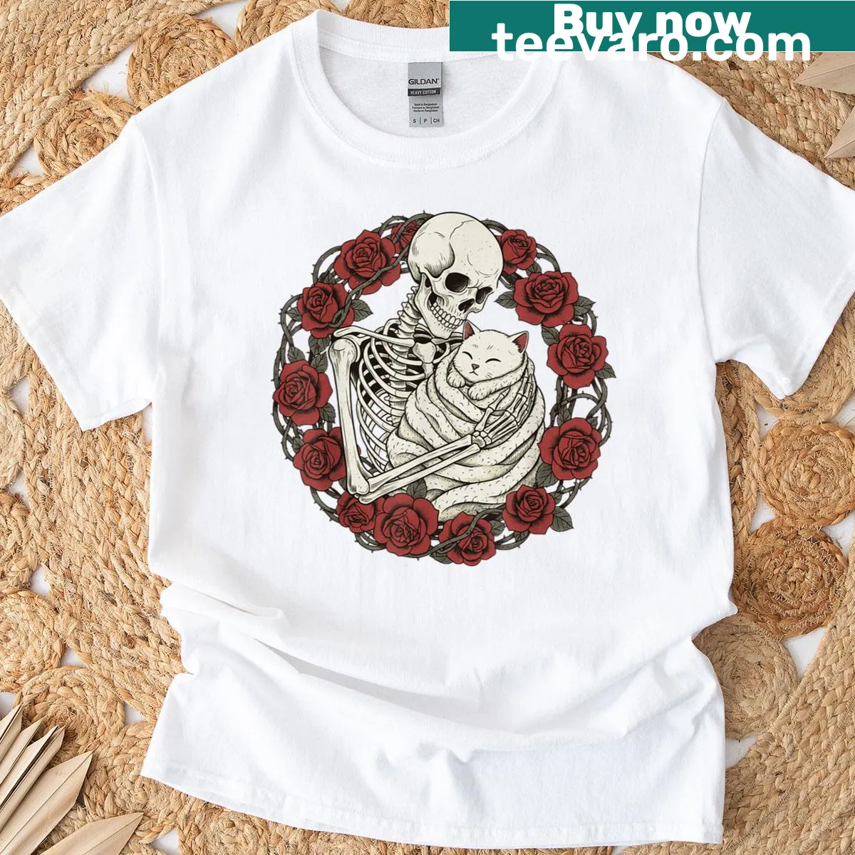 Gothic skeleton hugging a cat with flowers for Halloween T-shirt — on a men's t-shirt