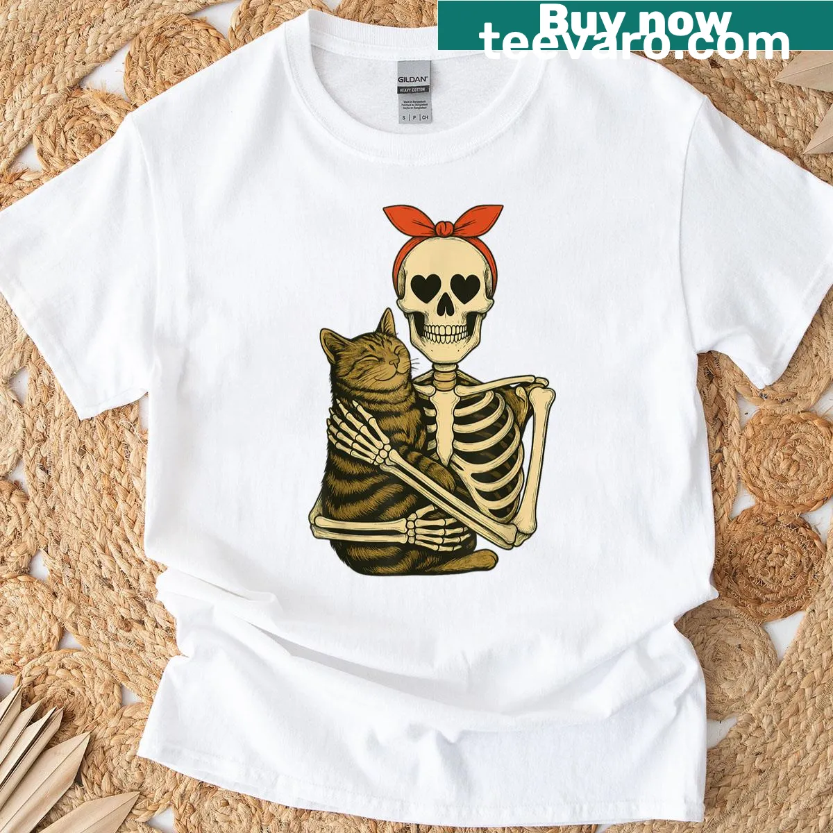 Cute skeleton hugging a cat in a Halloween-themed bandana design. — on a men's t-shirt