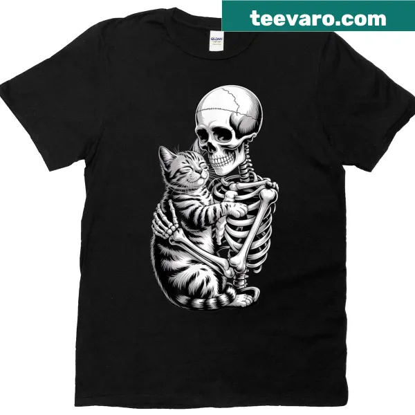 Cute t-shirt with a skeleton hugging a cat for Halloween.