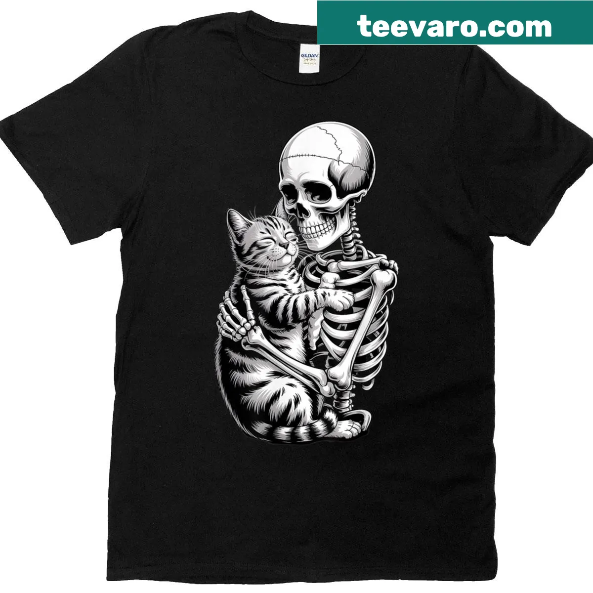 Cute t-shirt with a skeleton hugging a cat for Halloween. — on a men's t-shirt
