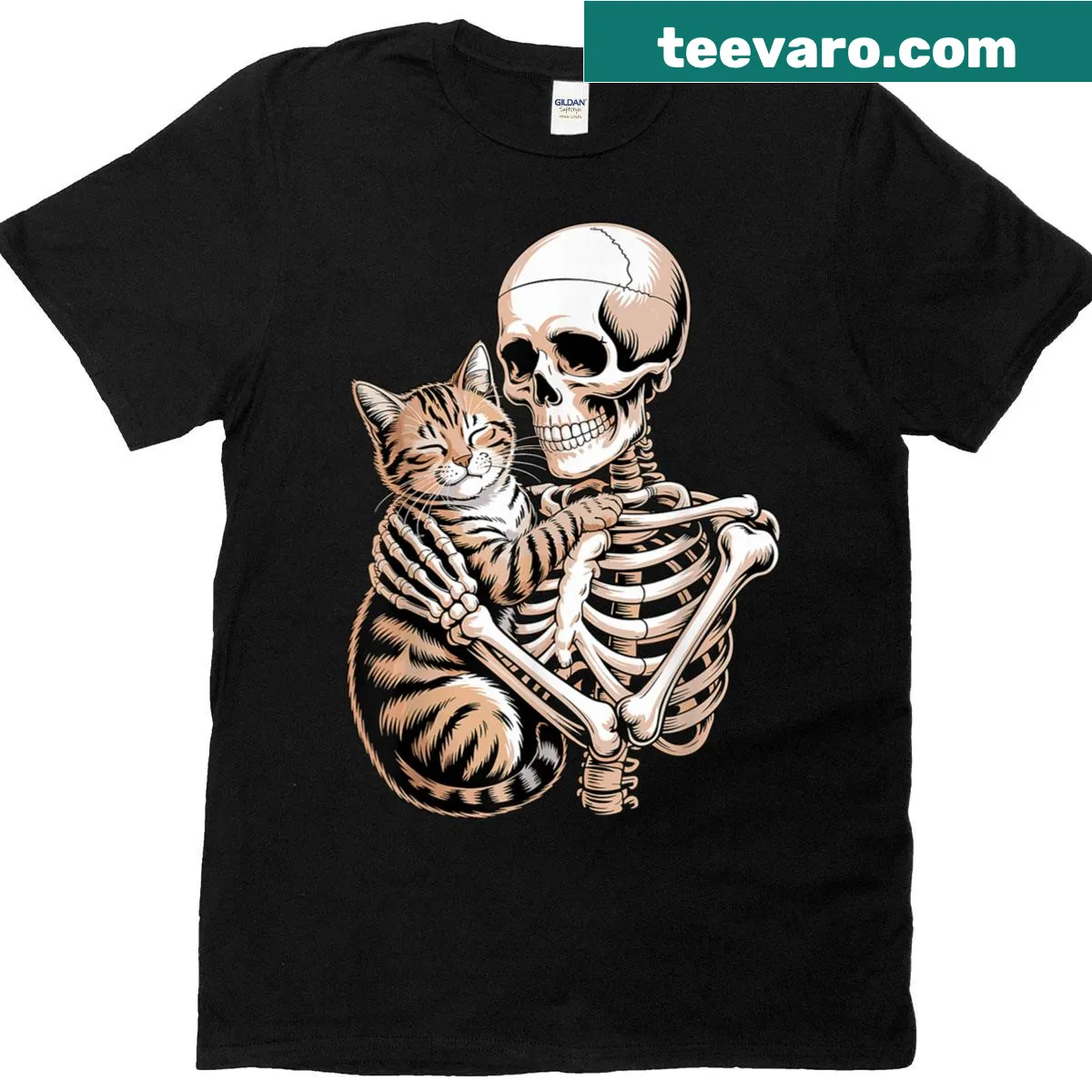 Cute skeleton hugging a cat Halloween T-shirt — on a men's t-shirt