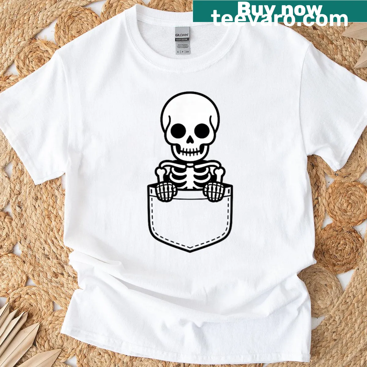 Cute skeleton in pocket Halloween design for humor. — on a men's t-shirt