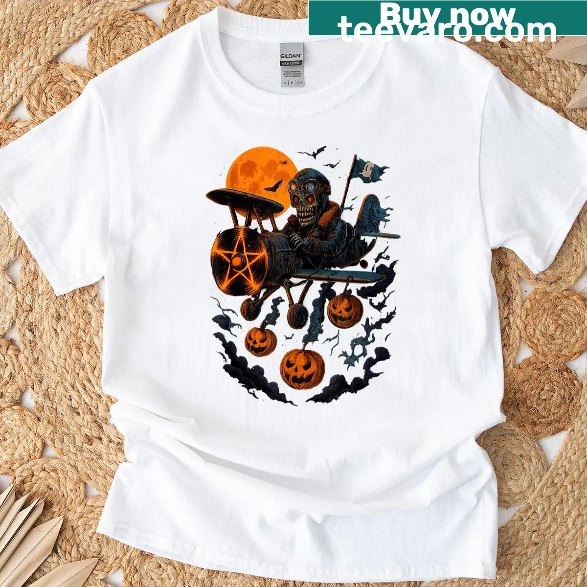 Skeleton pilot flying a spooky airplane design on a t-shirt — on a men's t-shirt