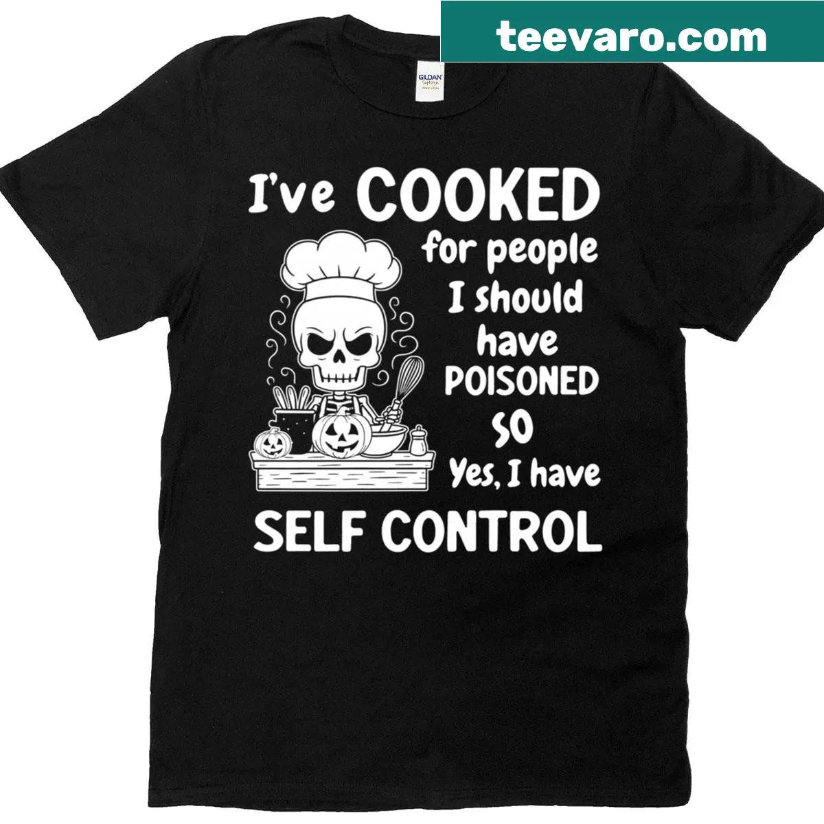Funny Halloween t-shirt with skeleton and cooking phrase. — on a men's t-shirt