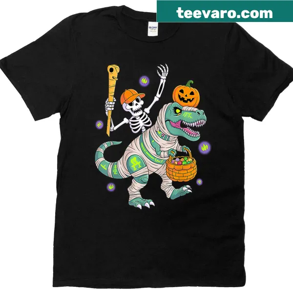 Funny T-shirt with skeleton dancing on a T-Rex dinosaur