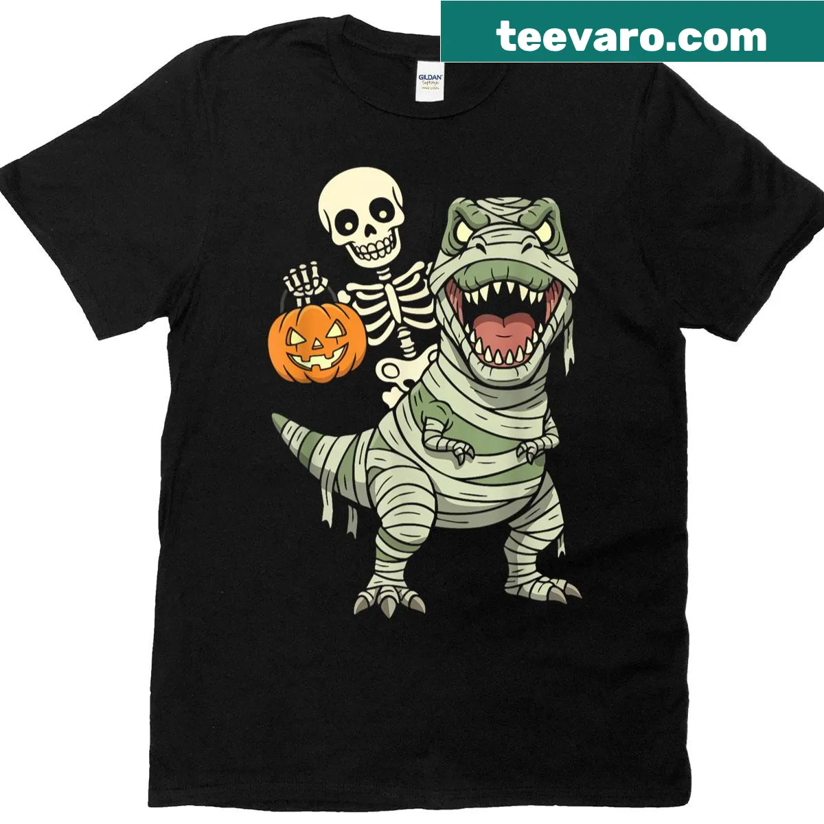 Funny Halloween t-shirt featuring a skeleton riding a dinosaur T-Rex — on a men's t-shirt