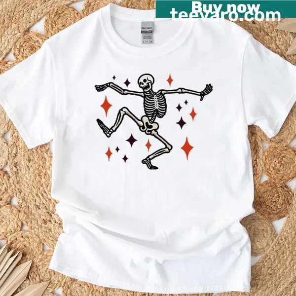 Playful dancing skeleton graphic on a T-shirt