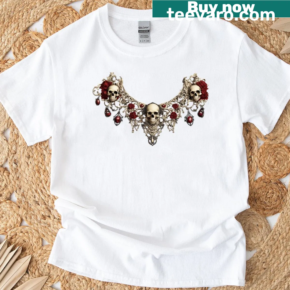 Gothic skull graphic with collar for Halloween fans — on a men's t-shirt