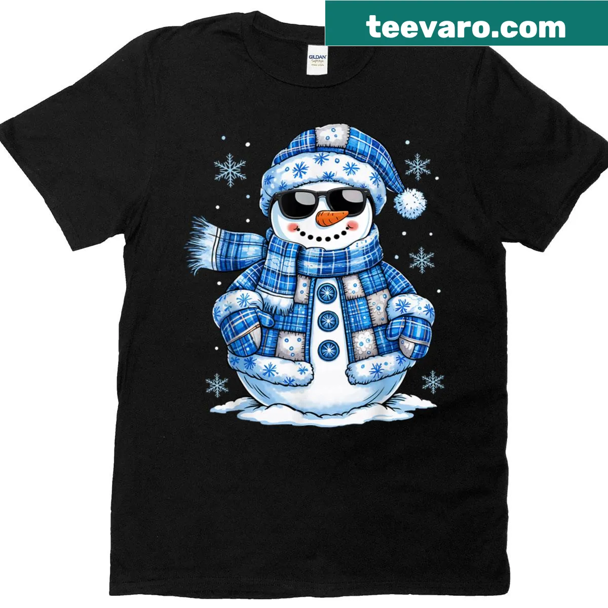 Christmas t-shirt with a patchwork snowman and snowflakes design — on a men's t-shirt
