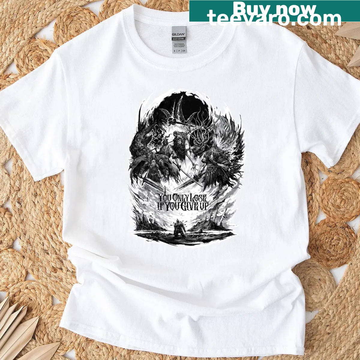 Illustration of iconic bosses from the Soulsborne video game series — on a men's t-shirt