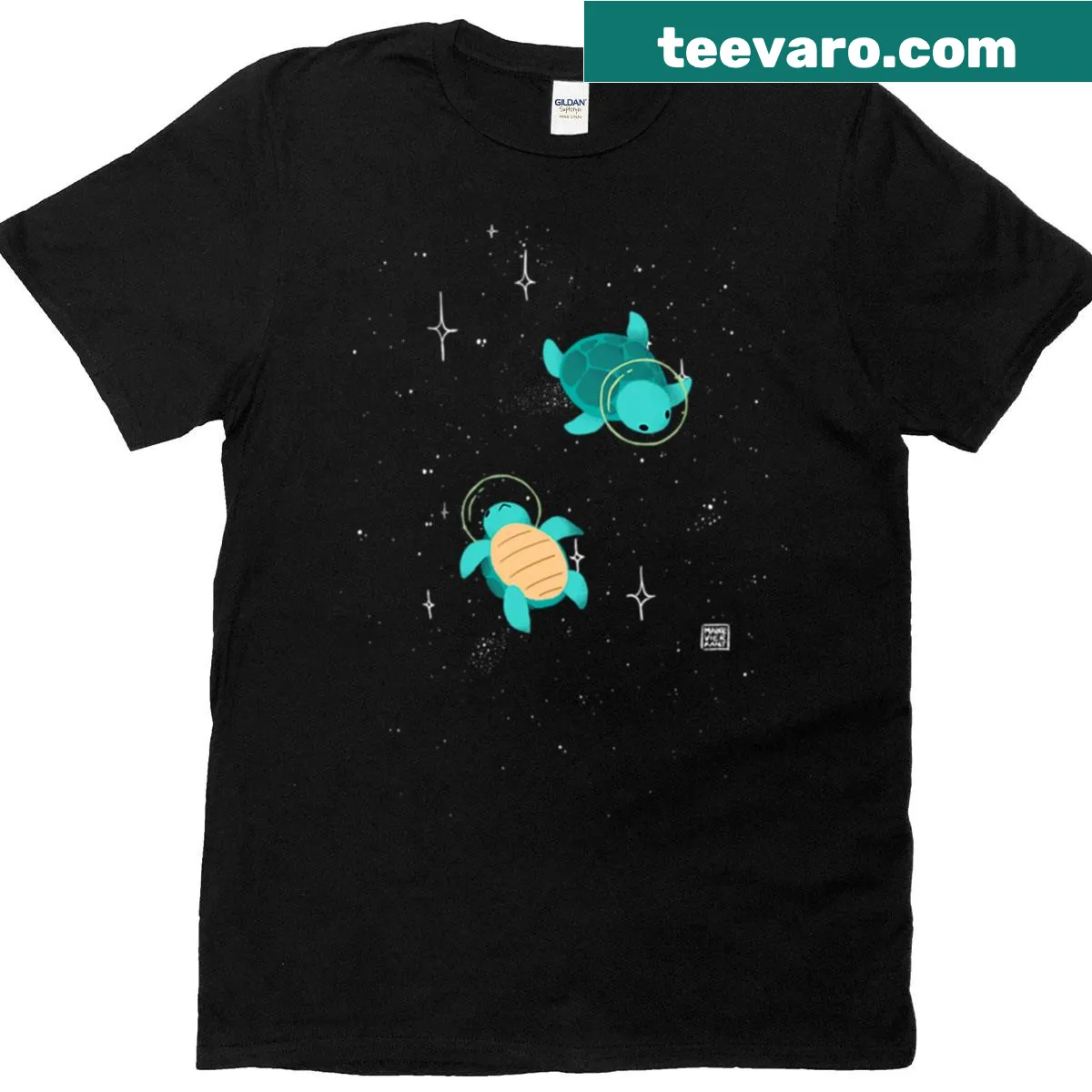 Illustrated turtles in space on a playful t-shirt design. — on a men's t-shirt