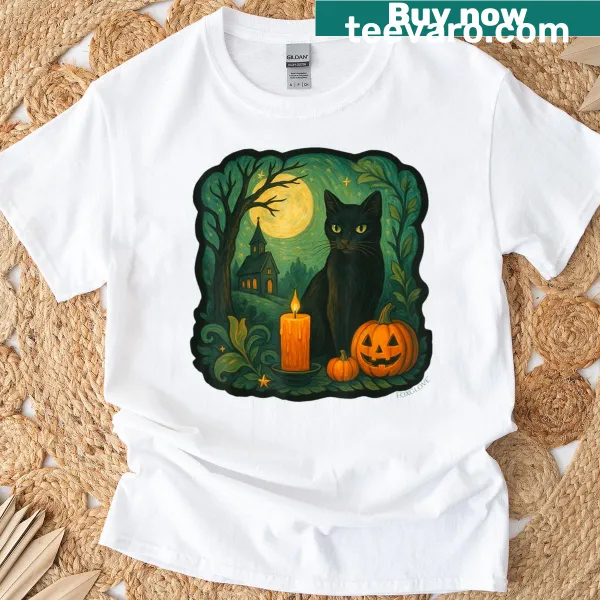 Spooky black cat with pumpkin candle under a full moon in Halloween design.