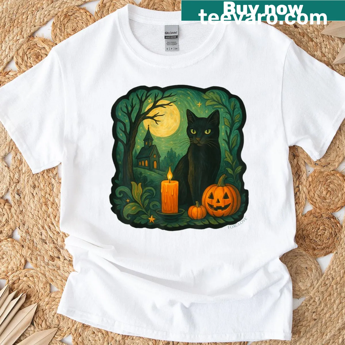 Spooky black cat with pumpkin candle under a full moon in Halloween design. — on a men's t-shirt