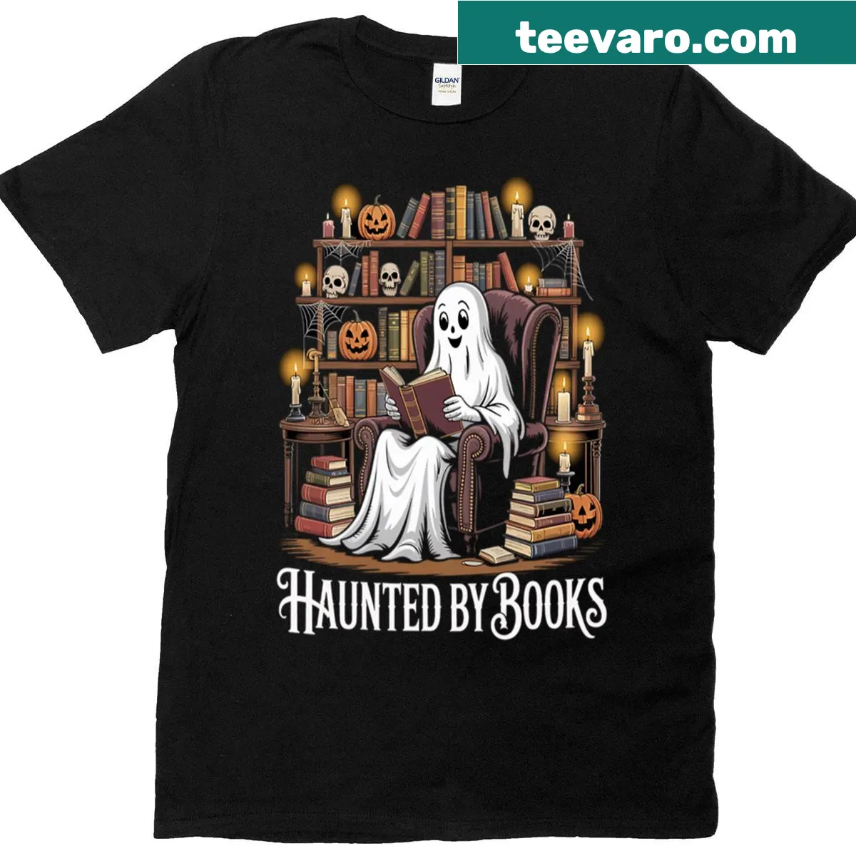 Haunted bookstore t-shirt with spooky illustrations for Halloween — on a men's t-shirt