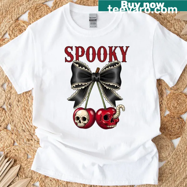 Gothic Halloween shirt with skulls and cherry bows design