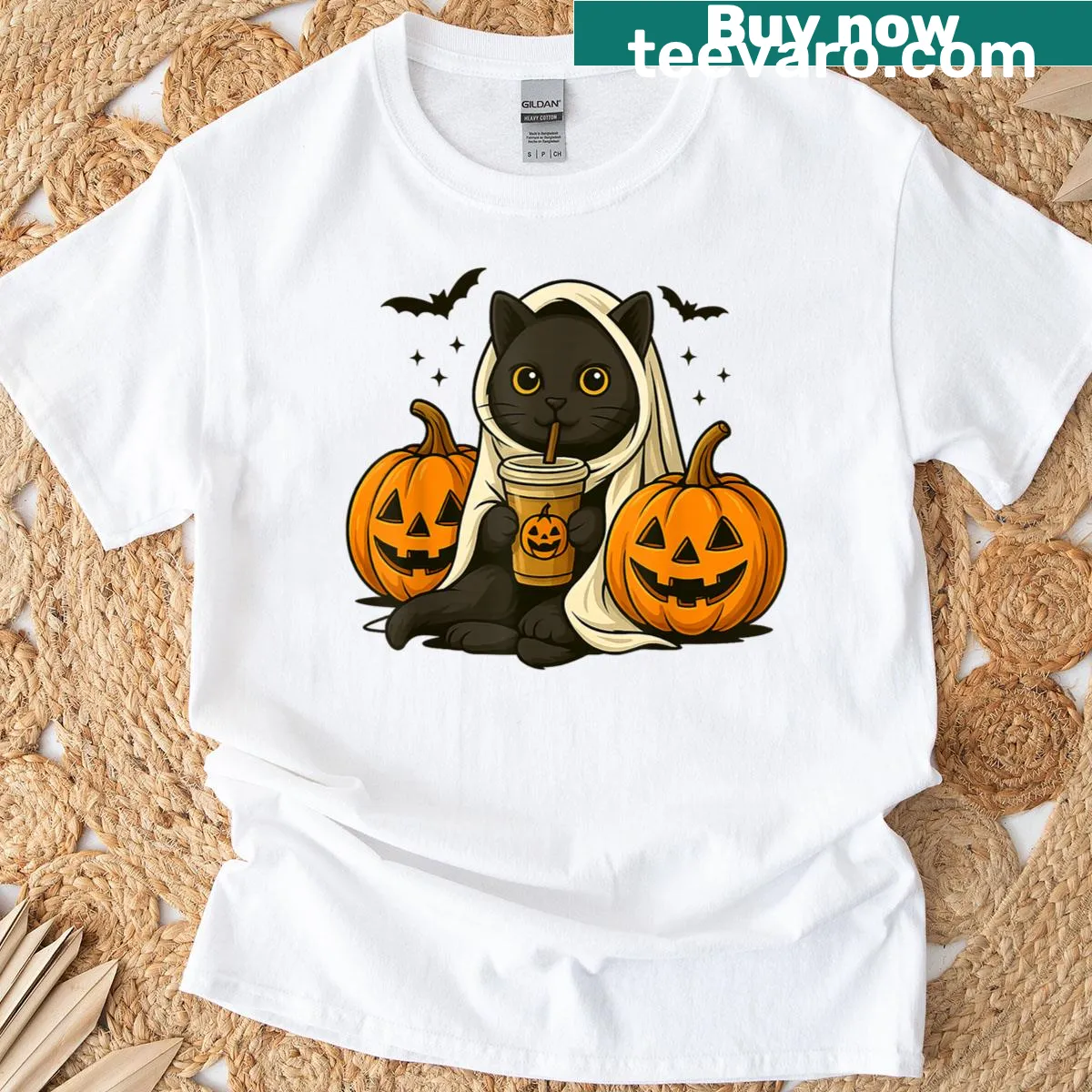 Cartoon cat with pumpkins and coffee for Halloween fun — on a men's t-shirt