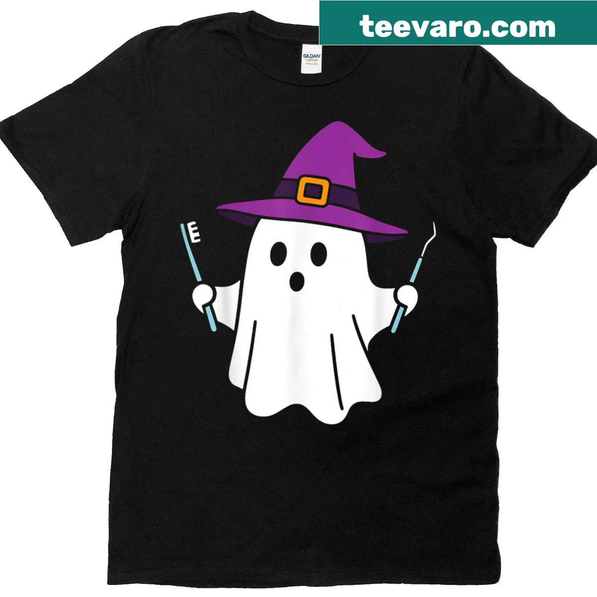 Funny T-shirt featuring a ghost dentist for Halloween fun. — on a men's t-shirt