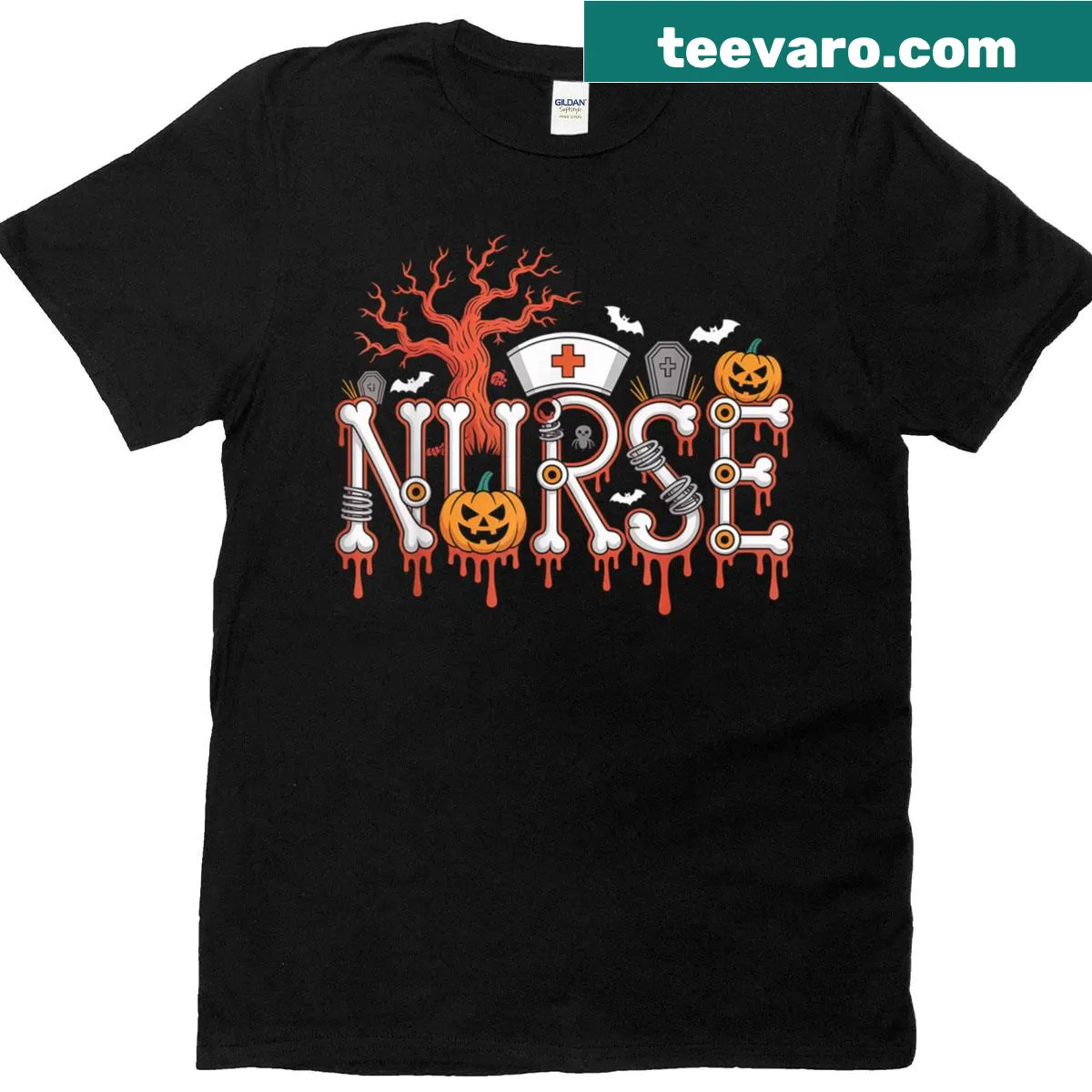 Cute ghost nurse with pumpkin and stethoscope Halloween t-shirt — on a men's t-shirt