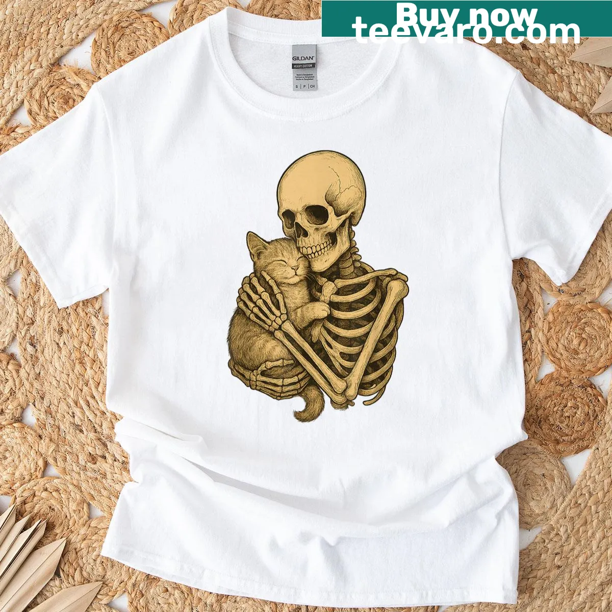 Cute cat hugging a cartoon skeleton in a Halloween theme — on a men's t-shirt