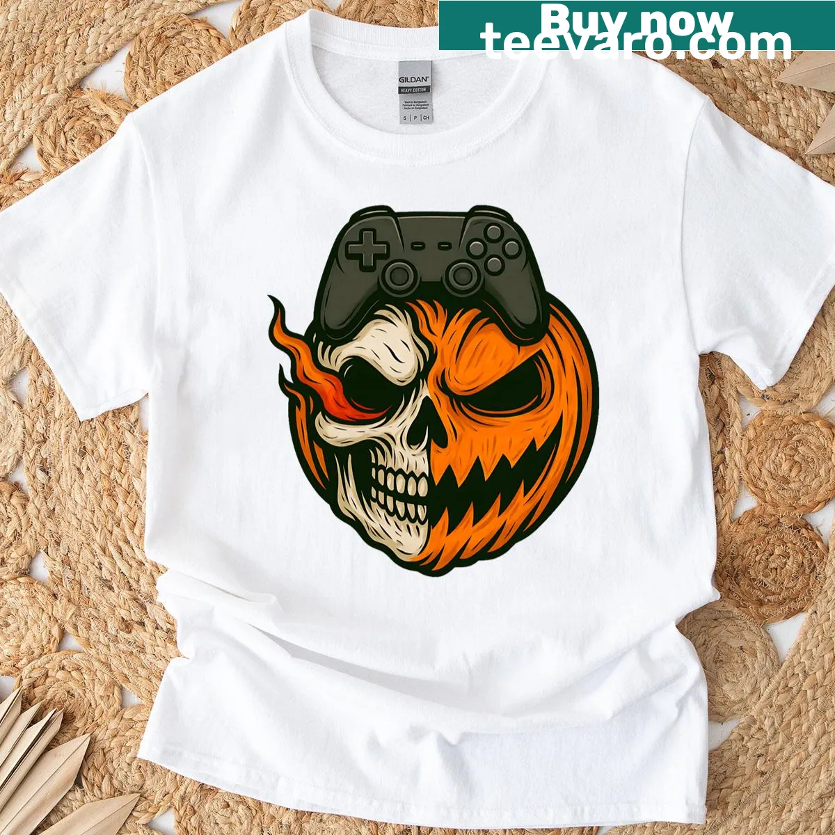 Skull and pumpkin design with gaming elements on a t-shirt — on a men's t-shirt