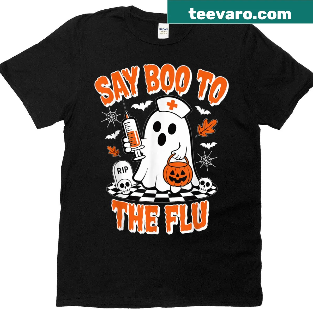 Funny ghost graphic with text on a Halloween nurse T-shirt — on a men's t-shirt