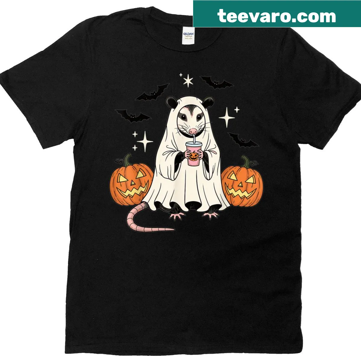 Funny possum ghost with pumpkin graphic Halloween T-shirt — on a men's t-shirt