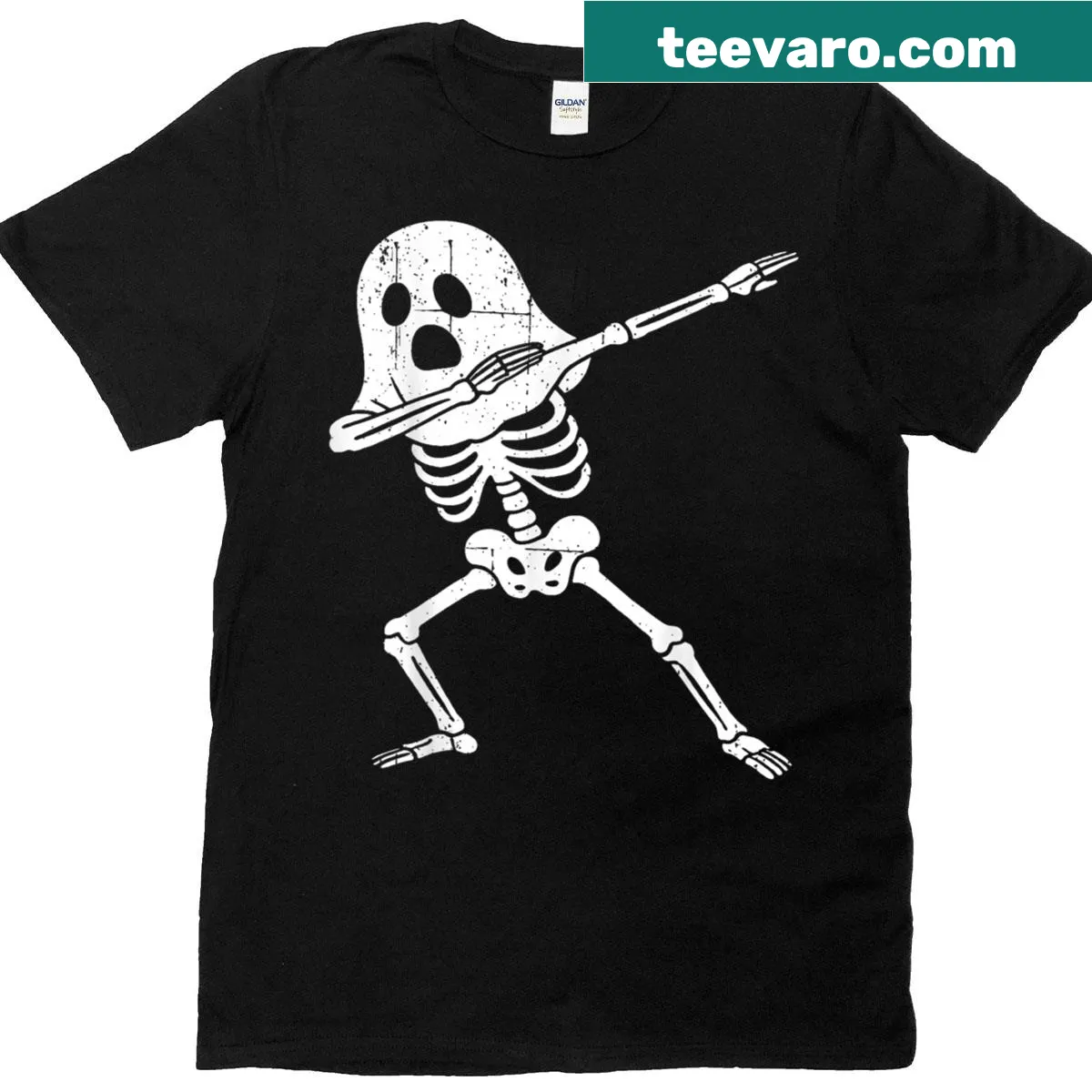 Funny Halloween t-shirt featuring a dabbing skeleton — on a men's t-shirt