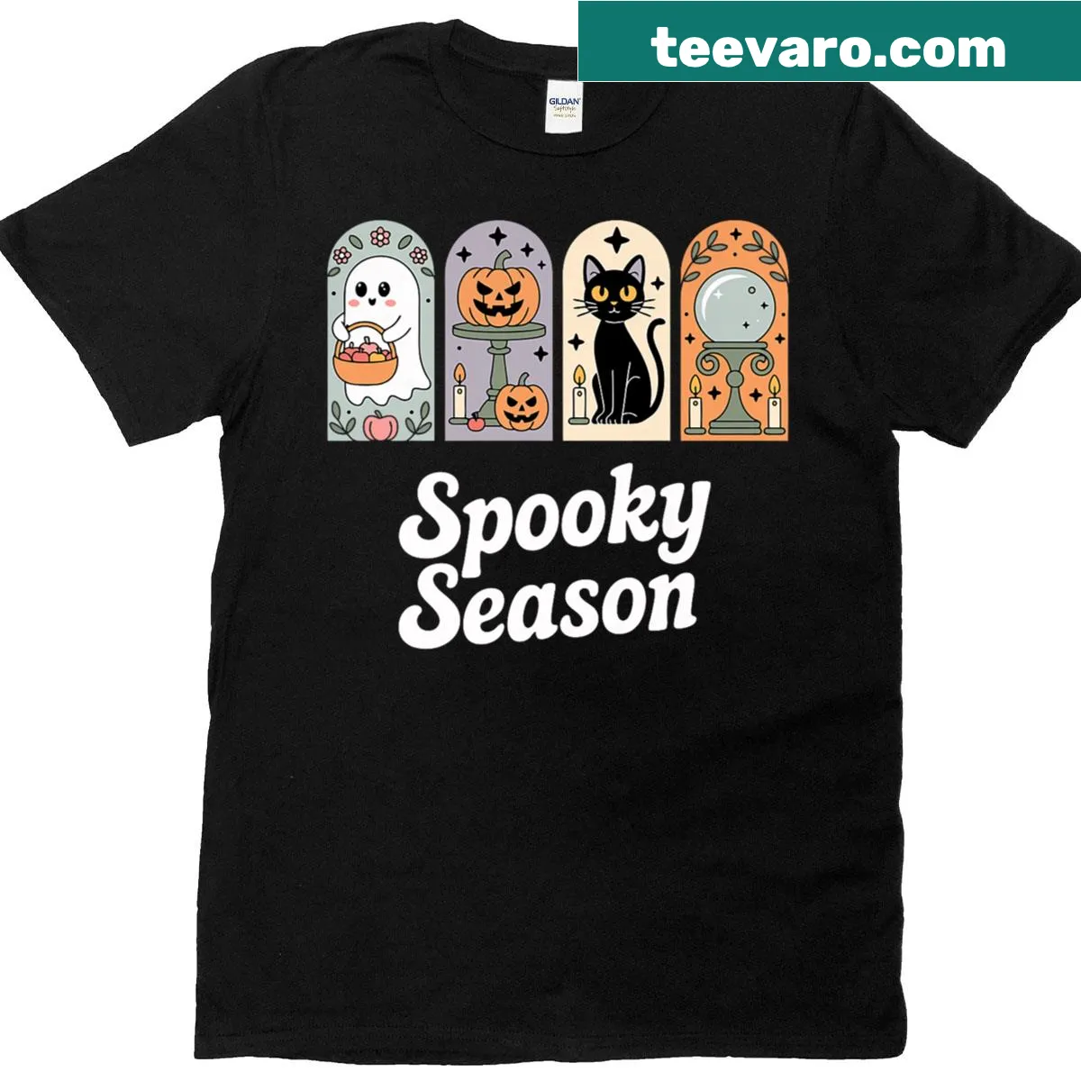 Cute ghost, pumpkin, and cat Halloween shirt design — on a men's t-shirt