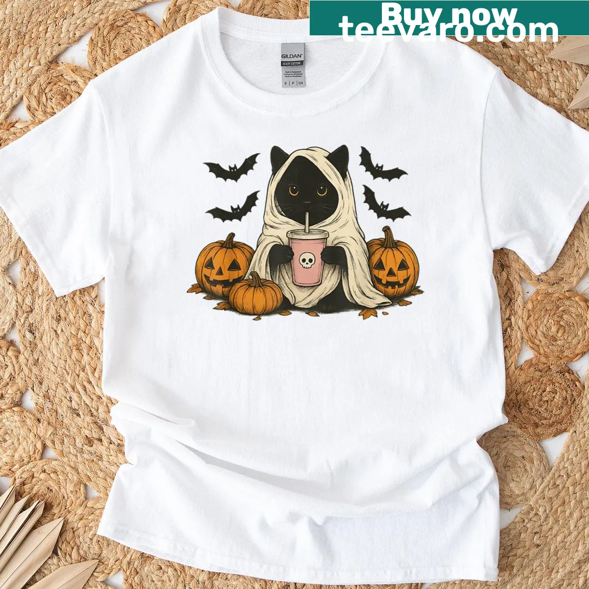 Whimsical ghost cat design with pumpkin for Halloween lovers — on a men's t-shirt