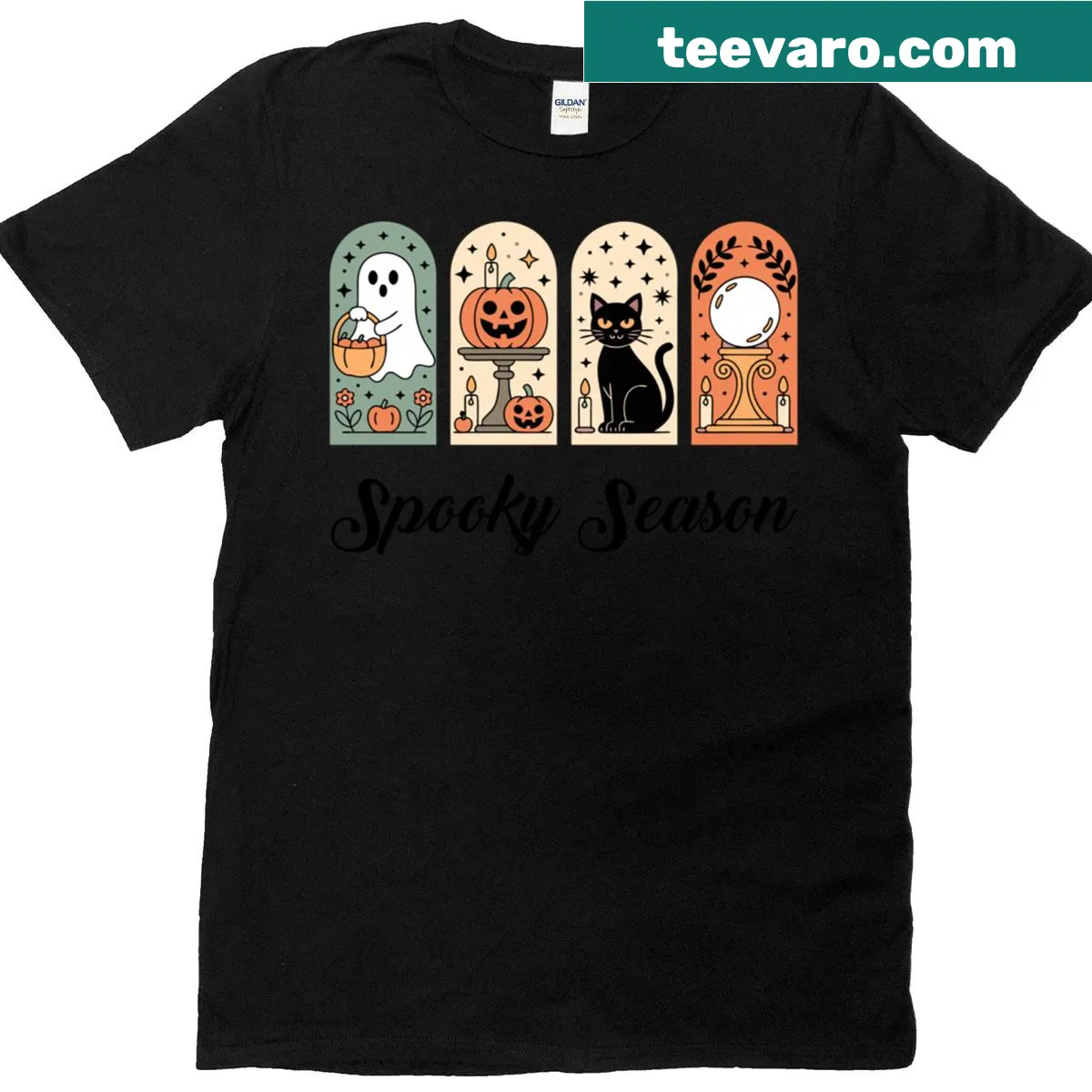 Halloween T-shirt with ghost, pumpkin, and cat illustration — on a men's t-shirt