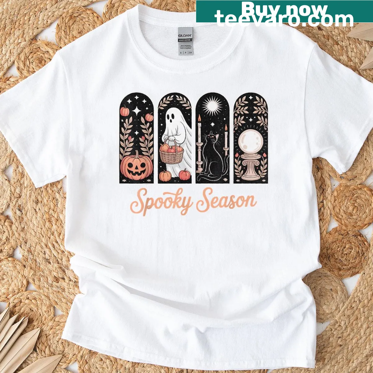 Funny ghost and black cat Halloween scene on a t-shirt — on a men's t-shirt