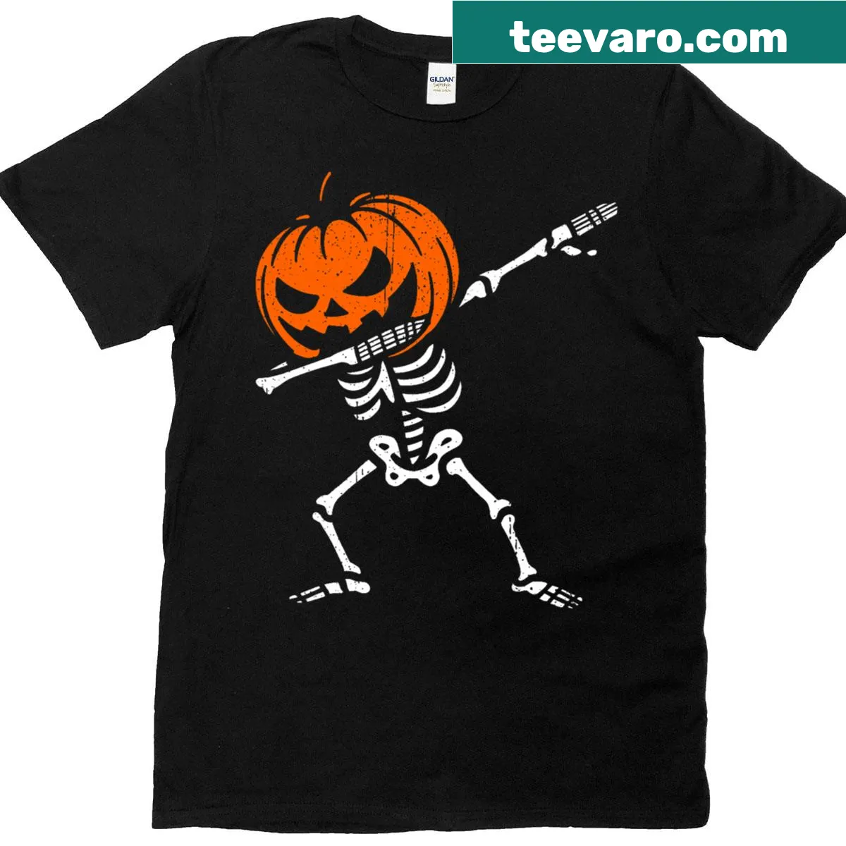 Funny Halloween shirt with a dancing skeleton and pumpkin head — on a men's t-shirt
