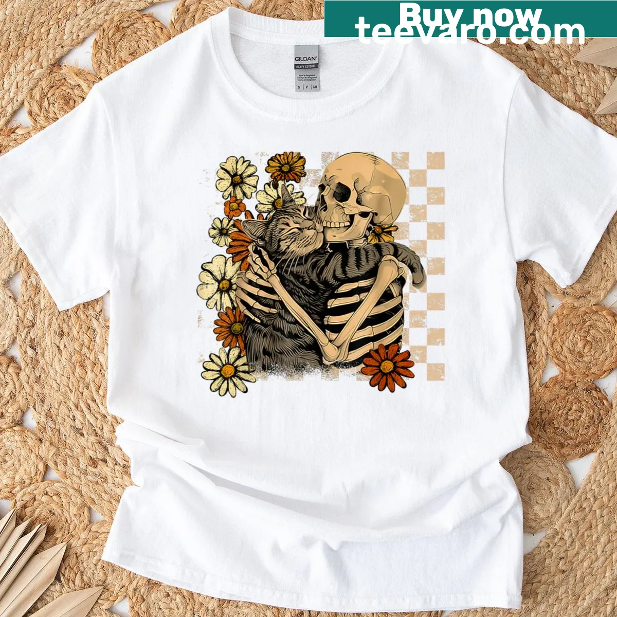 Retro design of skeleton hugging a cat with floral motifs on a t-shirt — on a men's t-shirt