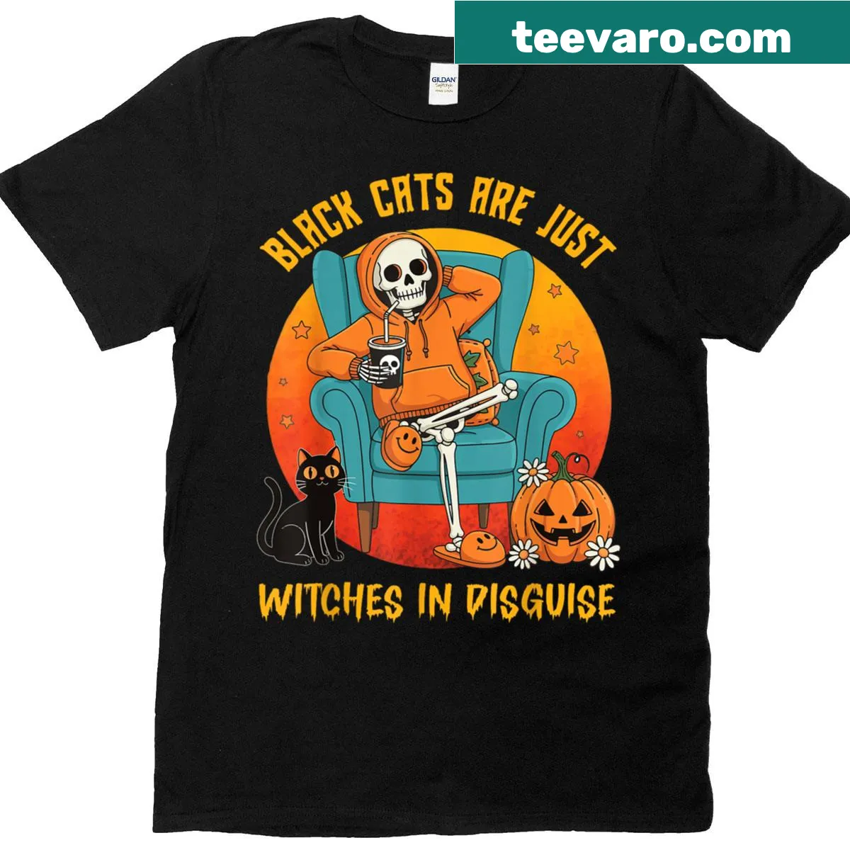 Halloween t-shirt with skeleton and black cat design — on a men's t-shirt
